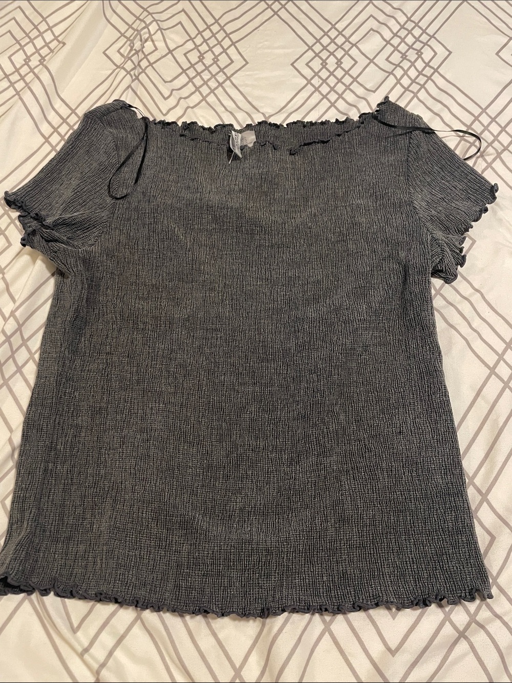 H&M Black Smocked Short Sleeve Top with Ruffle Edges
